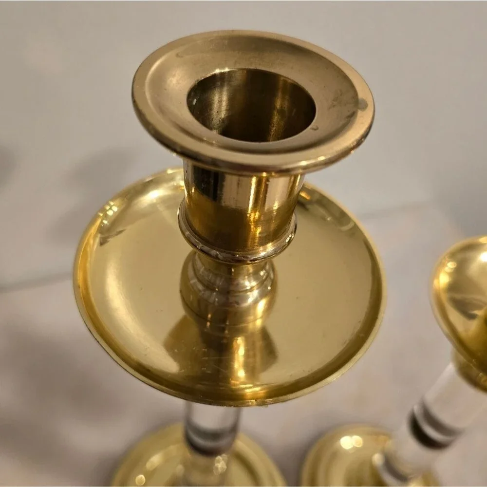 Ethan Allen Vintage MCM Brass & Lucite Candlestick Holders Set of 3